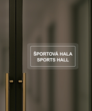 Nálepka športová hala priehľadná pieskovaná 16 x 8 cm
