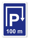 Značka parkovisko 100 m rovno vpravo a vpravo A2 rôzne vzdialenosti